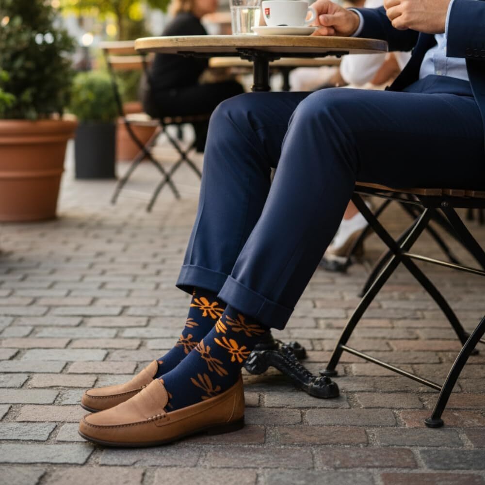 Love Sock Company Men's Navy/Orange Flower Socks 7-12 NWT - Picture 2 of 7